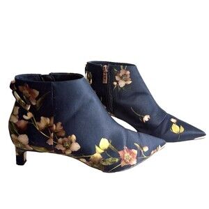 Ted Baker Amaedip Ankle Booties Blue Navy Satin Floral print Heel Women's 8.5 -9